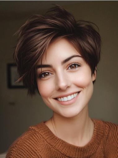 Human Hair Short Wig Monofilament Boycuts 6" Brown Straight Wigs