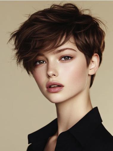 Human Hair Short Wig Monofilament Boycuts 4" Brown Straight Wigs