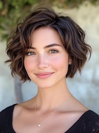 Short Hair Style Wigs Wavy 8" Monofilament Synthetic Brown Wigs
