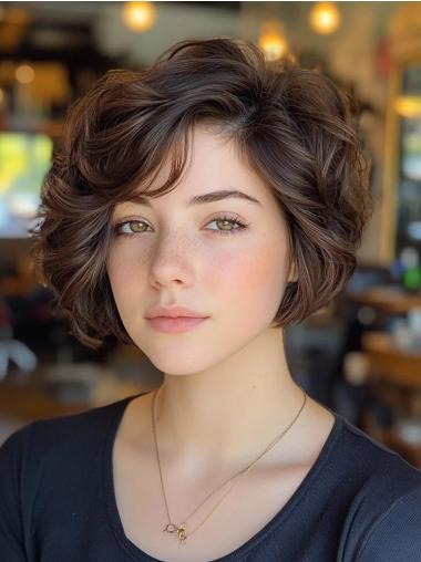 Short Human Wigs 8" Monofilament Brown Wavy Bobs Wigs