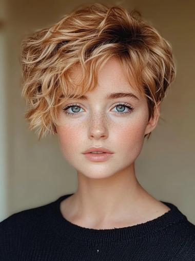 Short Human Wigs 4" Monofilament Blonde Wavy Boycuts Wigs