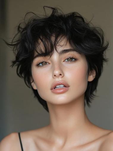 Short Human Wigs 8" Lace Front Black Wavy Bobs Wigs