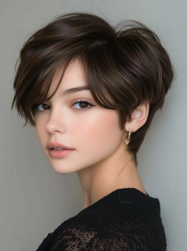 Short Hair Style Wigs Straight 6" Monofilament Synthetic Brown Wigs