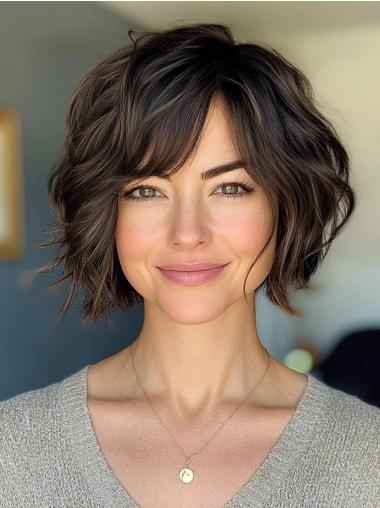 Short Human Wigs 8" Monofilament Brown Wavy Bobs Wigs