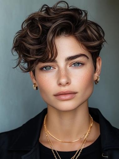 Short Pixie Human Hair Wigs 4" Brown Boycuts Monofilament Wavy Wigs