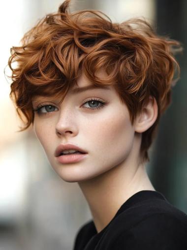 Short Pixie Human Hair Wigs 6" Copper Boycuts Lace Front Curly Wigs