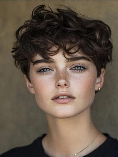 Short Pixie Human Hair Wigs 6" Brown Boycuts Monofilament Wavy Wigs