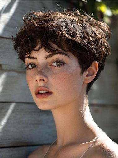 Short Wig Human Hair Brown Wavy Boycuts Monofilament 4" Wigs