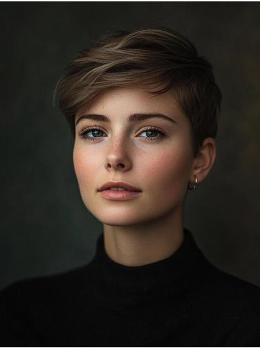 Short Wig Human Hair Brown Straight Boycuts Lace Front 4" Wigs