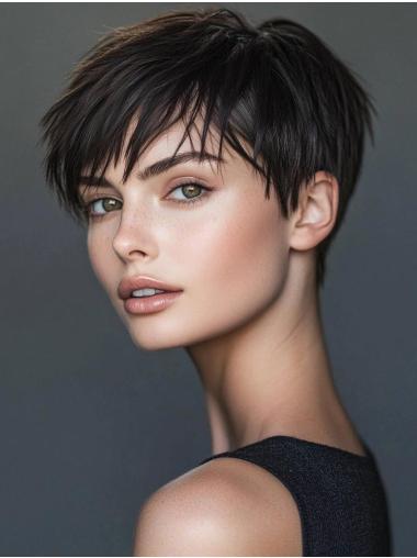 Black Short Wig 4" Straight Monofilament Remy Human Hair Boycuts Wigs