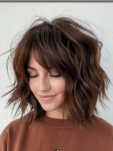 Wavy Bob Wig Brown Monofilament Remy Human Hair Shoulder Length 12" Wigs