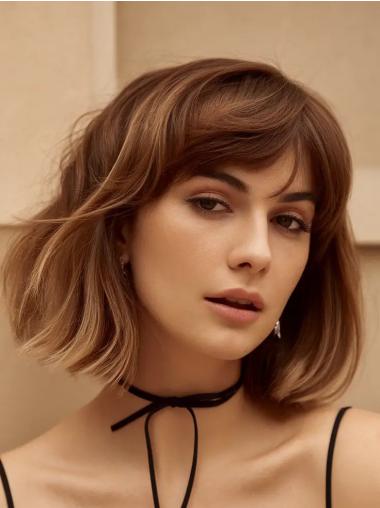 Wavy Bob Wig Brown Monofilament Synthetic Shoulder Length 12" Wigs