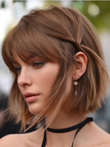 Straight Human Hair Bob Wig Brown Monofilament Chin Length 10" Wigs