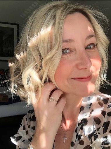 Bob Cut Wavy Wig Chin Length Platinum Blonde Monofilament Synthetic 10" Wigs