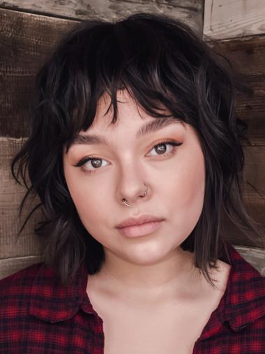 Black Bob Cut Wig 12" Wavy Shoulder Length Monofilament Synthetic Wigs