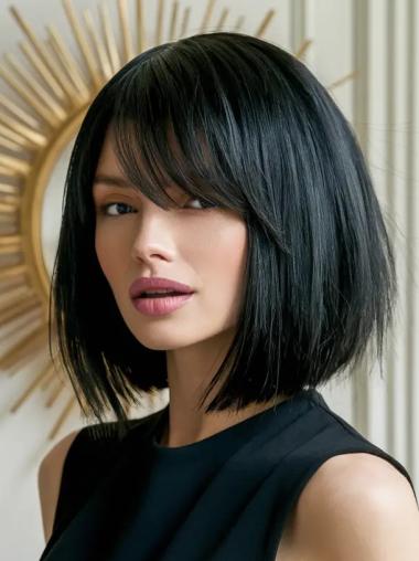 Black Bob Cut Wig 12" Straight Shoulder Length Monofilament Synthetic Wigs