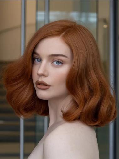 Wavy Bob Wigs Copper 12" Shoulder Length Monofilament Remy Human Hair Wigs