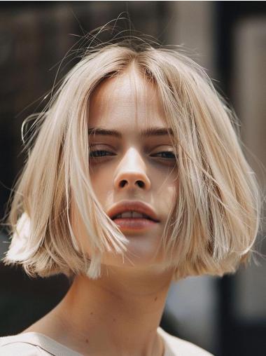 Human Hair Bob Wigs Straight Monofilament 10" Chin Length Platinum Blonde Wigs
