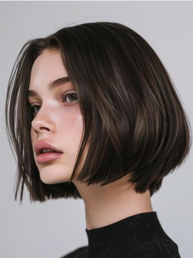 Bob Wig Brown Straight 10" Remy Human Hair Monofilament Chin Length Wigs