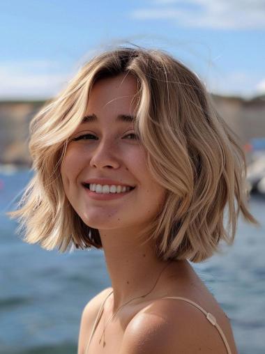 Wavy Bob Wig Blonde Monofilament Remy Human Hair 12" Shoulder Length Wigs