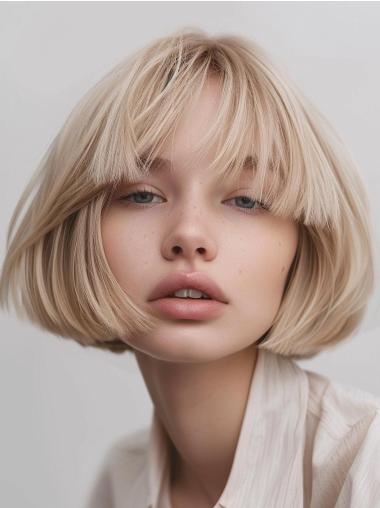 Human Hair Bob Wigs Straight Monofilament 10" Chin Length Platinum Blonde Wigs