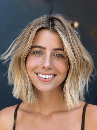 Bob Wig Human Hair Blonde Straight 12" Shoulder Length Monofilament Wigs