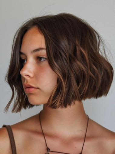 Wavy Bob Wig Brown Monofilament Remy Human Hair Chin Length 10" Wigs