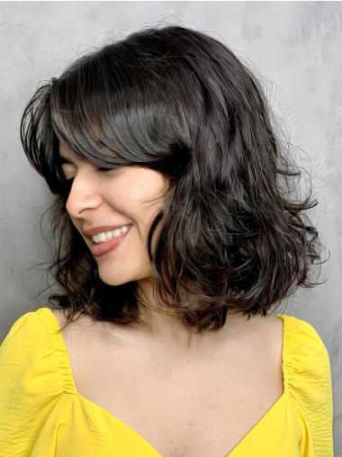 Wavy Bob Wig Human Hair 12" Black Monofilament Shoulder Length Wigs