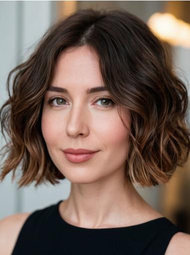 Wavy Bob Wig Brown Monofilament Remy Human Hair Chin Length 10" Wigs