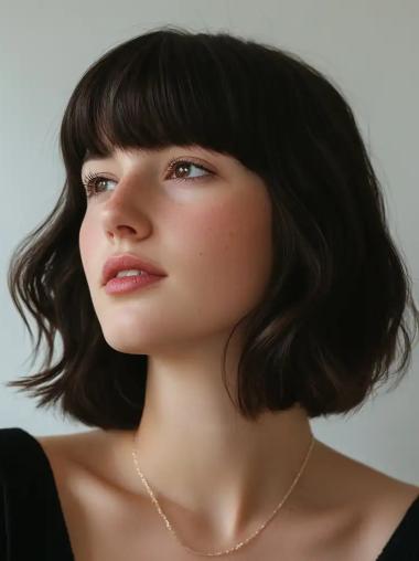 Lace Front Wavy Bob Wigs Synthetic 12" Shoulder Length Black Wigs