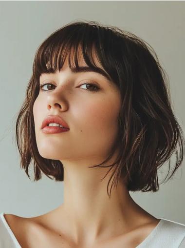 Bob Wig Brown Wavy 10" Remy Human Hair Lace Front Chin Length Wigs