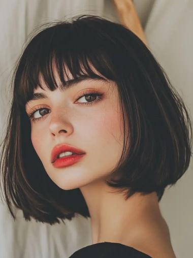 Bob Wig Black Straight Remy Human Hair Monofilament Chin Length 10" Wigs