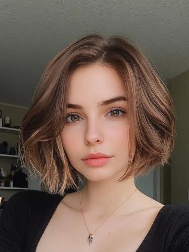 Bob Wig Brown Wavy 10" Remy Human Hair Monofilament Chin Length Wigs