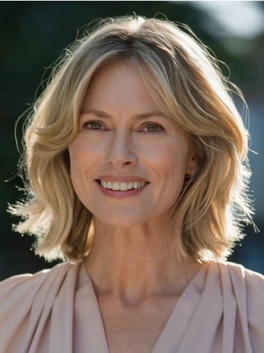 Bob Wig Human Hair Blonde Wavy 12" Shoulder Length Monofilament Wigs