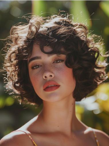 Curly Bob Wig Brown Lace Front Chin Length 10" Remy Human Hair Wigs