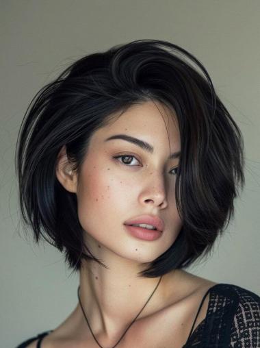 Straight Black Bob Wig Remy Human Hair Chin Length Lace Front 10" Wigs