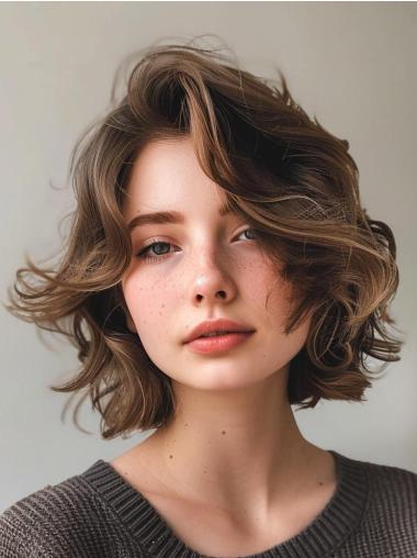 Wavy Bob Wig Brown Lace Front Synthetic Chin Length 10" Wigs