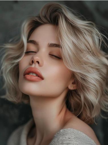 Wavy Bob Wig Human Hair 12" Platinum Blonde Monofilament Shoulder Length Wigs