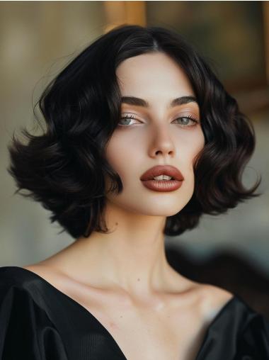 Bob Cut Wavy Wig Chin Length Black Monofilament Synthetic 10" Wigs