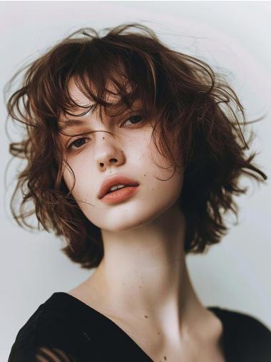 Wavy Bob Wig Brown Lace Front Remy Human Hair Chin Length 10" Wigs