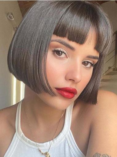 Straight Black Bob Wig Remy Human Hair Chin Length Lace Front 10" Wigs