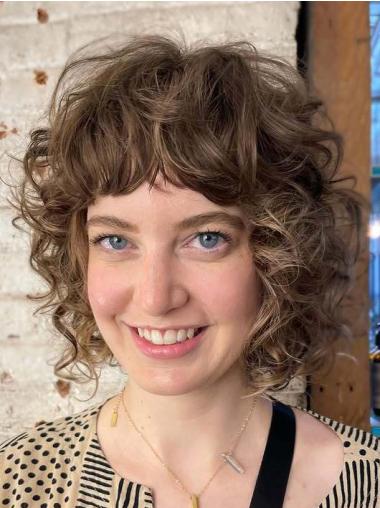 Curly Bob Wig Brown Monofilament Chin Length 10" Remy Human Hair Wigs