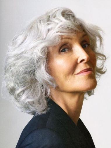 Bob Lace Wigs Remy Human Hair Shoulder Length Grey 12" Curly Wigs