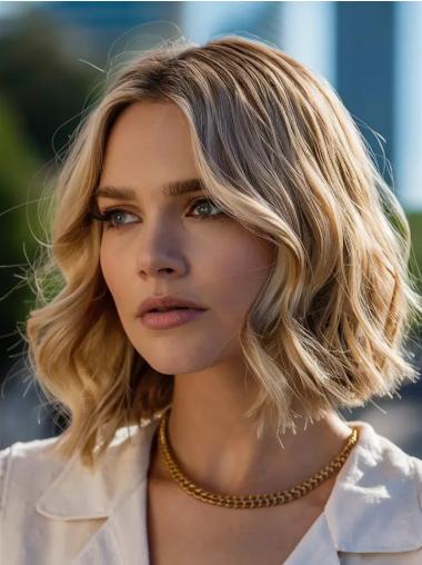 Wavy Bob Wigs Monofilament 10" Blonde Remy Human Hair Chin Length Wigs