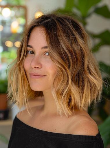 Wigs Medium Length Wavy Bobs Ombre/2 Tone Wavy 12" Monofilament Remy Human Hair Wigs