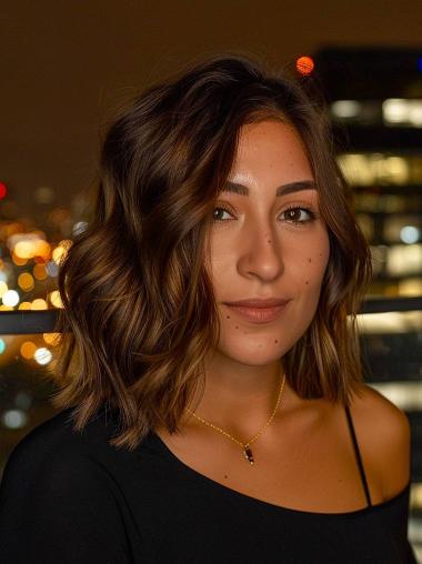 Wigs Medium Length Wavy Bobs Brown Wavy 14" Monofilament Synthetic Wigs