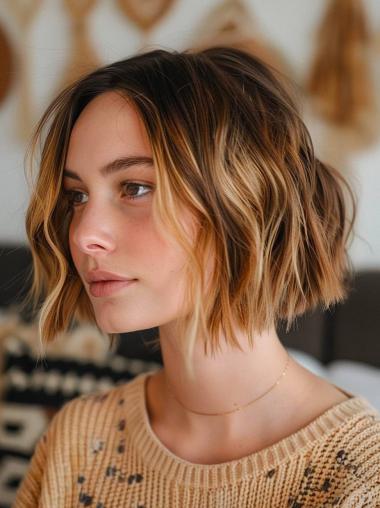 Wigs Medium Length Wavy Bobs Ombre/2 Tone Wavy 12" Monofilament Remy Human Hair Wigs