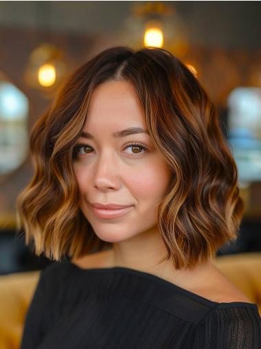 Medium Length Wigs Human Hair Shoulder Length 12" Monofilament Bobs Wavy Wigs