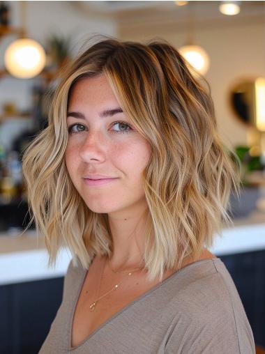 Medium Length Wigs Human Hair Shoulder Length 14" Monofilament Bobs Wavy Wigs