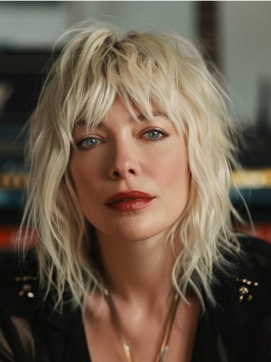 Medium Wigs With Bangs Straight Synthetic Platinum Blonde 14" Lace Front Wigs